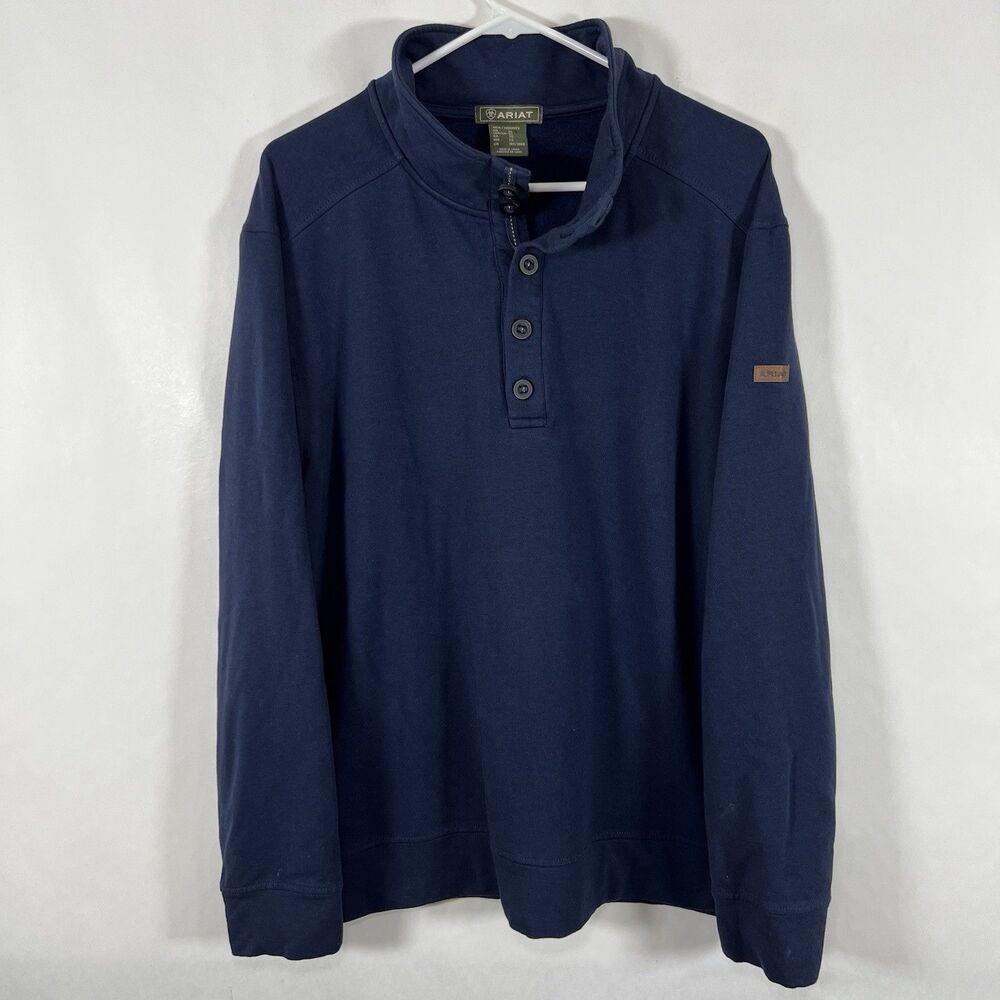 Ariat Mock Neck Henley Pullover Sweater Men Size XL Navy Blue Fleece Modal Blend